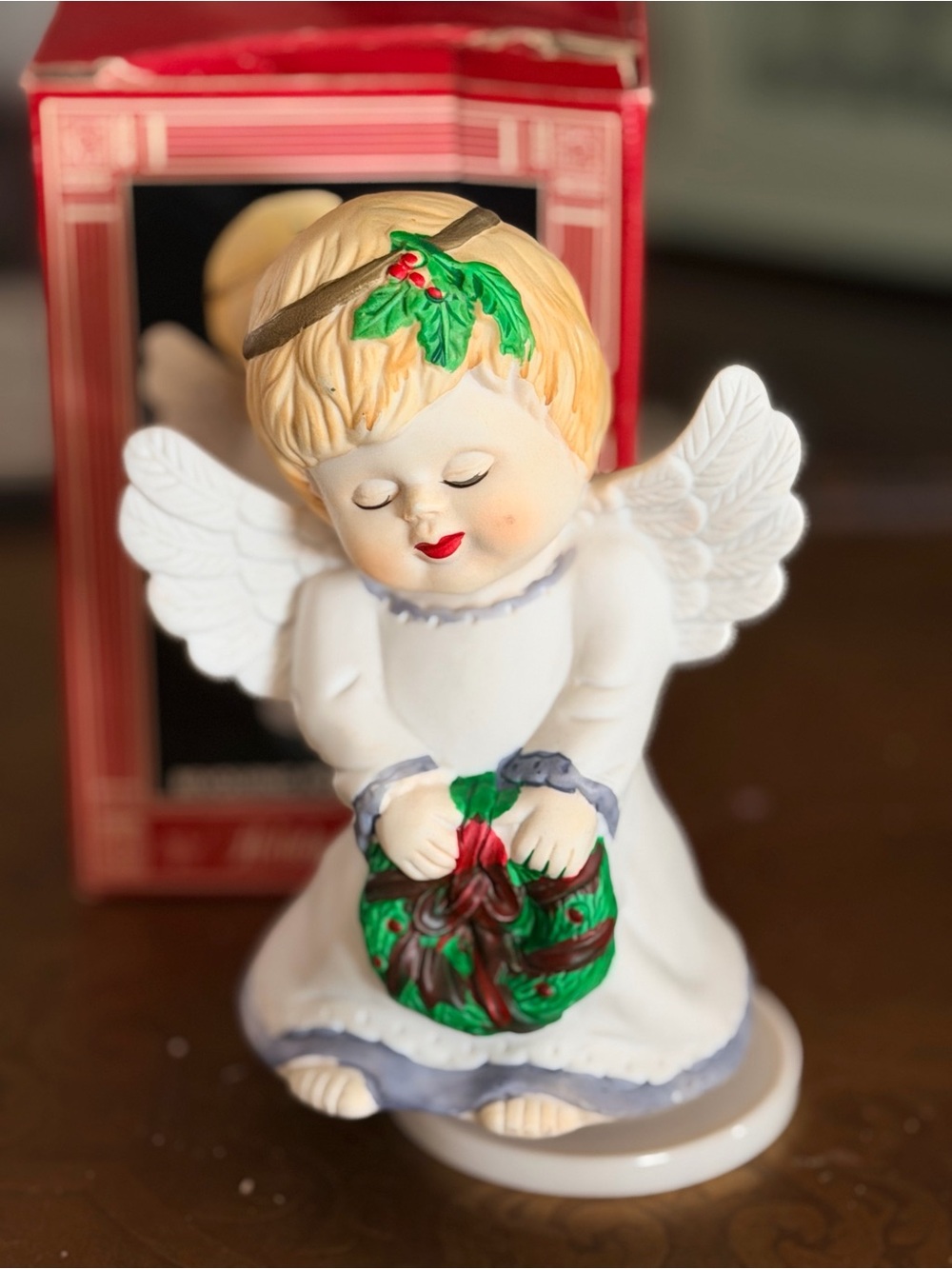 1992 Angel Porcelain Figurine Holiday Decoration in White and Green